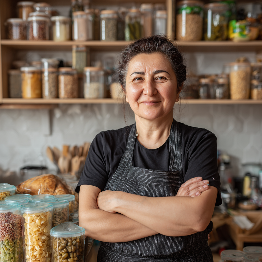 Smiling middle-aged Uzbek woman sitting at kitchen table with healthy prepared meals arranged in containers, natural lighting