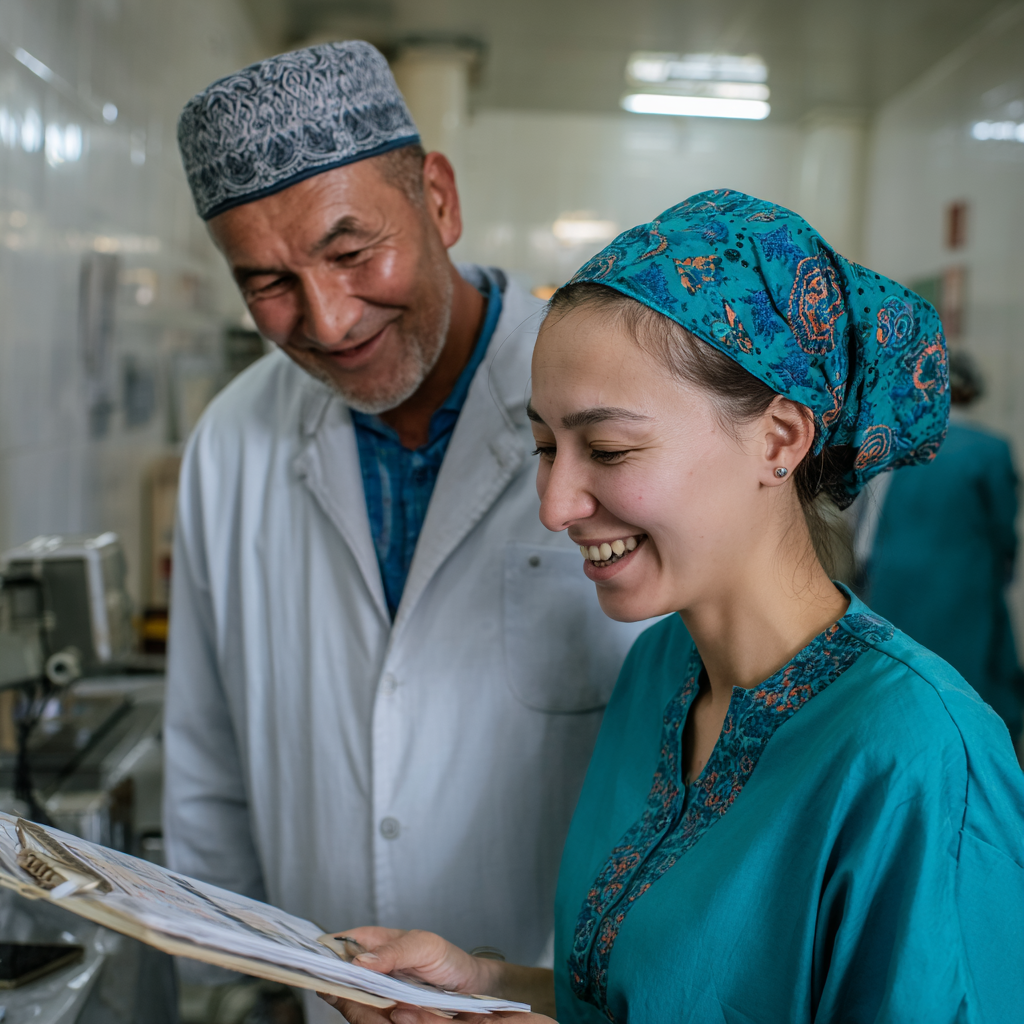 Happy Uzbek family of three generations sharing a healthy meal together at dining table, grandmother, parents and children smiling